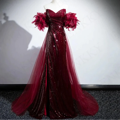 Women’s Burgundy Sequin Mermaid Evening Maxi Dress – Off Shoulder Luxury Gown with Feathers