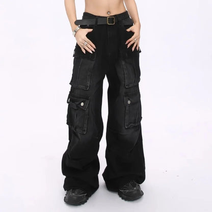 Women’s Cyber Y2K Washed Black Baggy Cargo Jeans Bottom – Wide Leg Streetwear