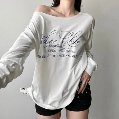 Women’s Asymmetrical Letter Print Strapless Long Sleeve Casual Top