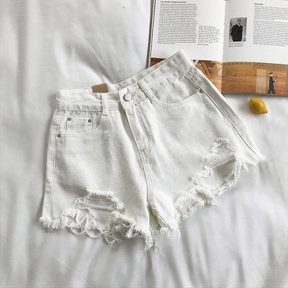 Women’s High Waist Denim Shorts Bottom – Korean Y2K Ripped Jeans Shorts with Pockets & Tassels Summer Streetwear