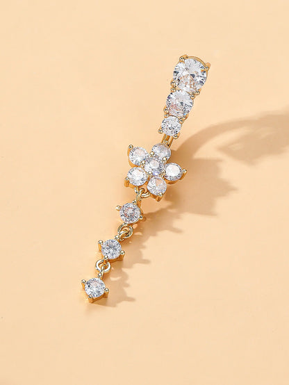 Women’s Gold Stainless Steel Belly Button – Long Dangle Flower CZ Crystal Navel Piercing Jewelry