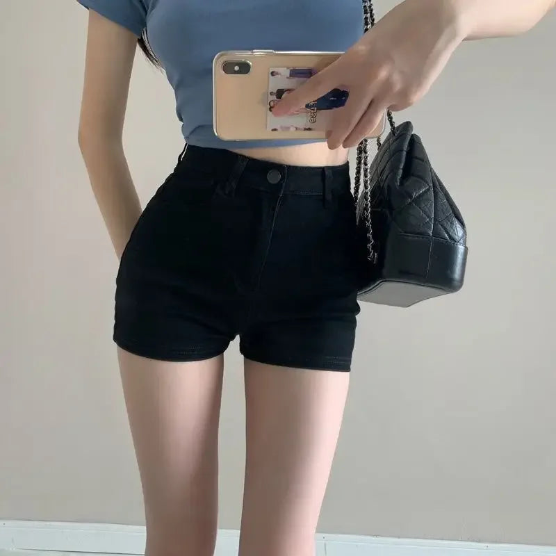 Women’s High Rise Light Blue Distressed Jean Shorts Bottom – Y2K Vintage Raw Edge Slim Fit