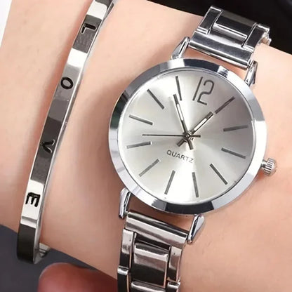 Women’s Elegant Steel Strap Watch & Love Bracelet Jewelry Set – 2PCS Collection