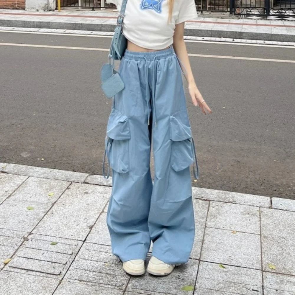 Women’s Vintage Cargo Sweatpants Bottom – Elastic Waist Oversized Wide Leg Baggy Trousers, Retro Streetwear Fashion