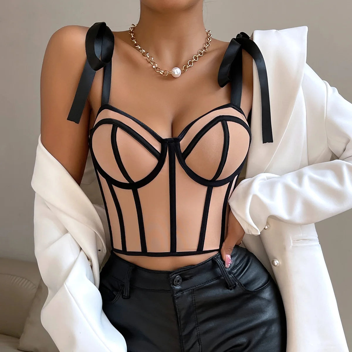 Women’s Strap Crop Top | Sexy Patchwork Stripe Fishbone Corset Top Y2K Style