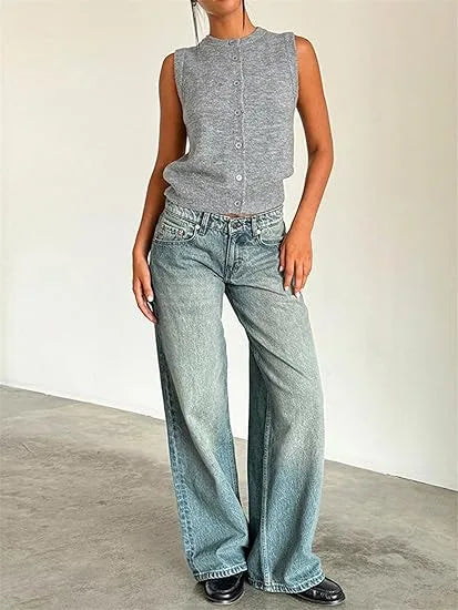 Women’s Jeans Bottom – Low Waist Straight Denim Pants with Pockets Casual Y2K Streetwear