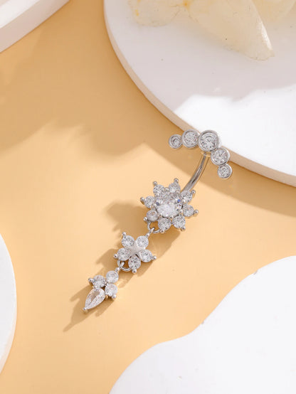 Women’s Gold Stainless Steel Belly Button – Long Dangle Flower CZ Crystal Navel Piercing Jewelry