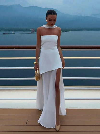 Women’s Lace Hollow Out Strapless Gown – Elegant Off Shoulder Backless Maxi Dress for Party & Evening Events