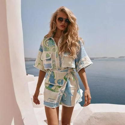 Women’s Printed Ruffle Patchwork Set Summer Casual Outfit