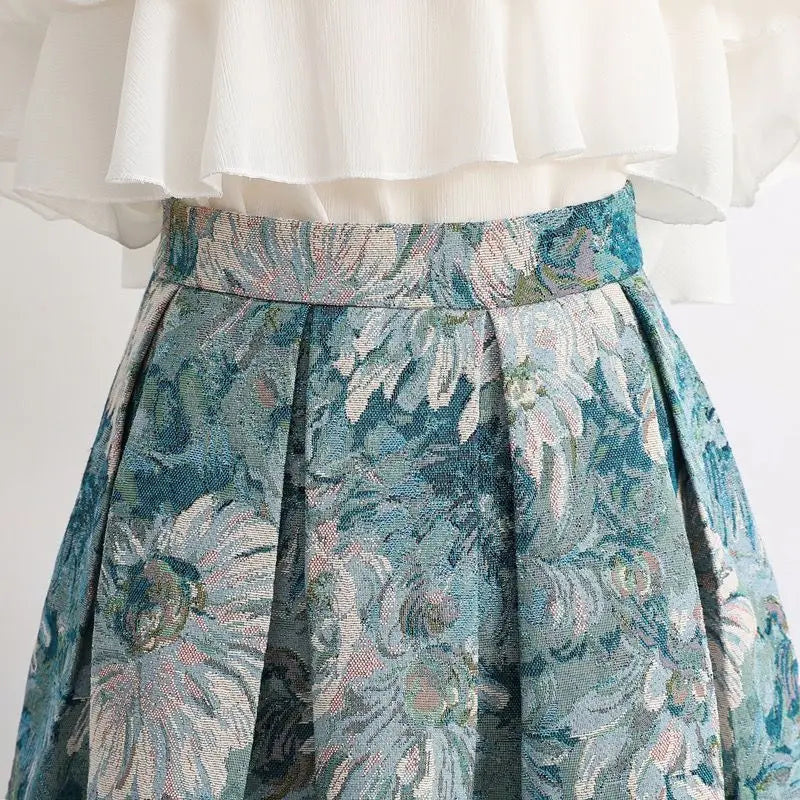 Women’s Sky Blue Floral Painting Skirt Bottom – High Waist A-Line Ball Gown Knee-Length Skirt