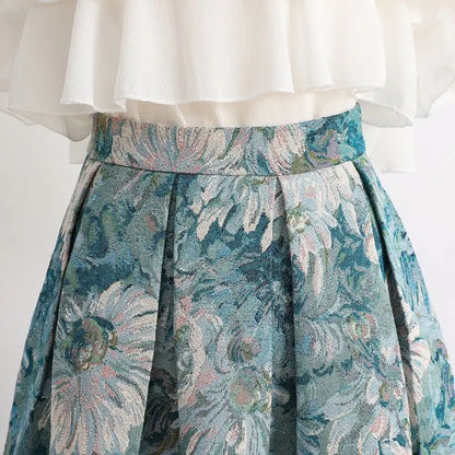 Women’s Sky Blue Floral Painting Skirt Bottom – High Waist A-Line Ball Gown Knee-Length Skirt