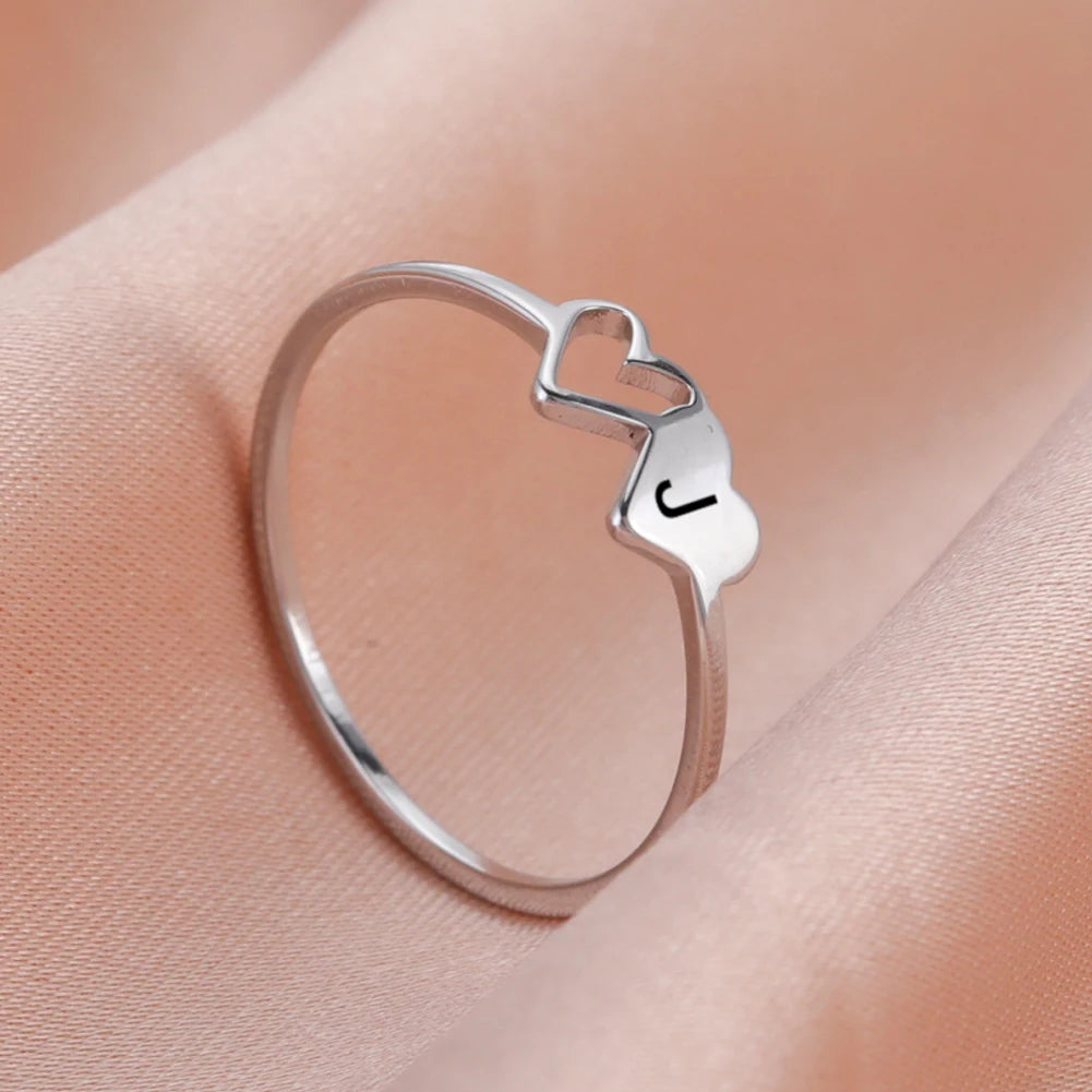 Women’s Stainless Steel Initial Ring – A–Z Alphabet Double Heart Design Jewelry
