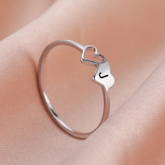Women’s Stainless Steel Initial Ring – A–Z Alphabet Double Heart Design Jewelry