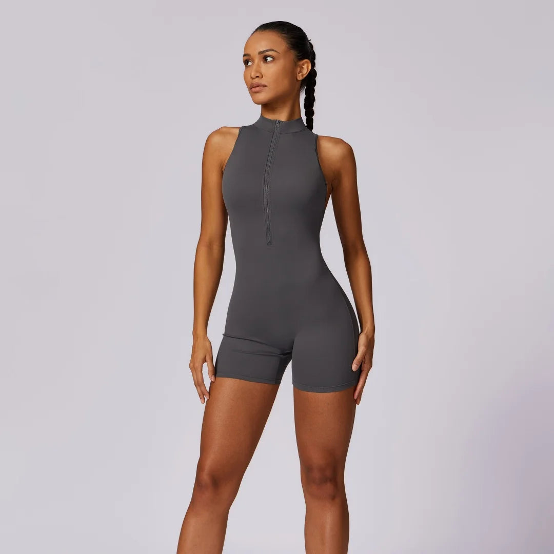 Women’s Backless Scrunch Yoga Jumpsuit | Soft One-Piece Zip Sportswear | Fitness Workout Short Suit