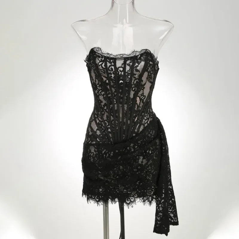 Women’s Strapless Lace Sexy Mini Dress – Elegant Party Sheer Patchwork Slim Fit Gown