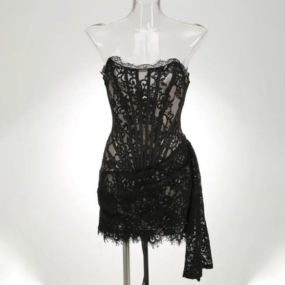 Women’s Strapless Lace Sexy Mini Dress – Elegant Party Sheer Patchwork Slim Fit Gown