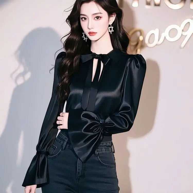 Women’s French Bow Black Hollow Satin Shirt – Chic Flared Sleeve Spring & Autumn Top
