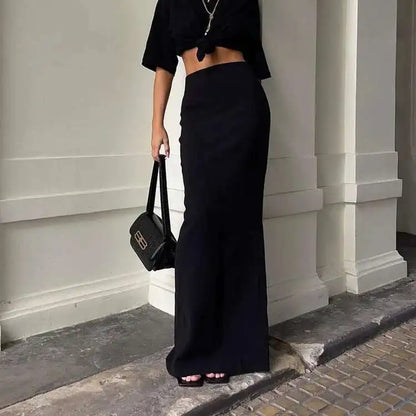 Women’s Elegant Black Maxi Skirt Bottom – High Waist Seamless Long Straight Skirt for Summer Casual Wear