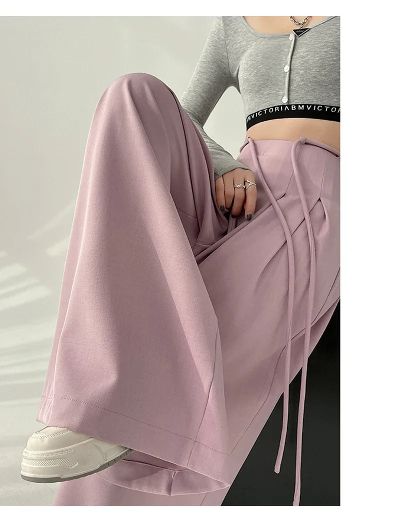 Women’s Streetwear Wide Leg Pants Bottom – Korean High Waist Lace-Up Suit Trousers, Elegant Black Summer Fashion