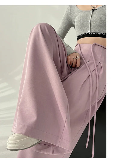 Women’s Streetwear Wide Leg Pants Bottom – Korean High Waist Lace-Up Suit Trousers, Elegant Black Summer Fashion
