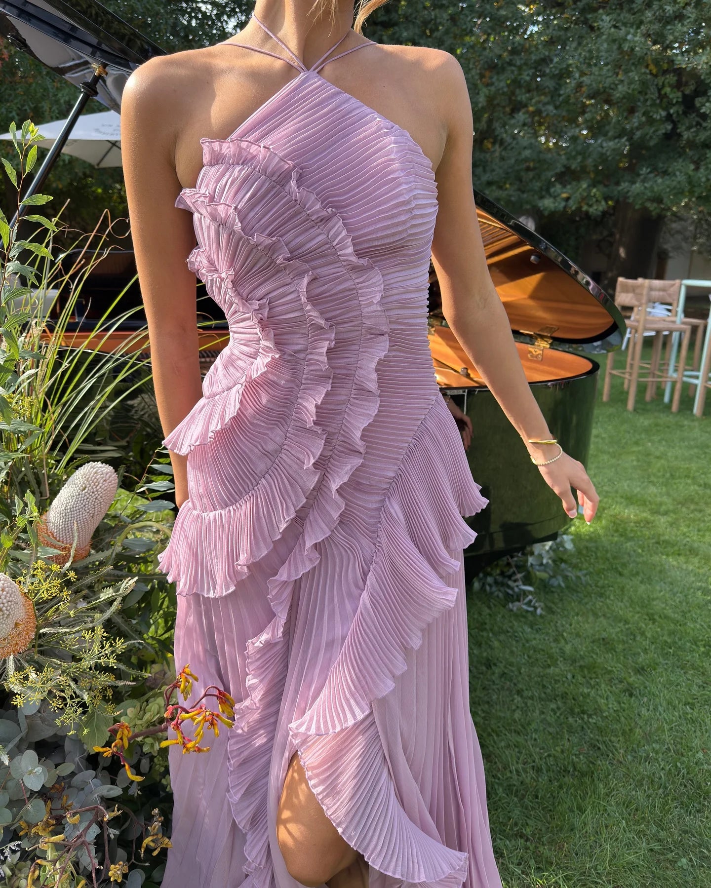 Women’s Halter Neck Ruffled Gown – Elegant Sleeveless Backless High Waist Irregular Long Dress