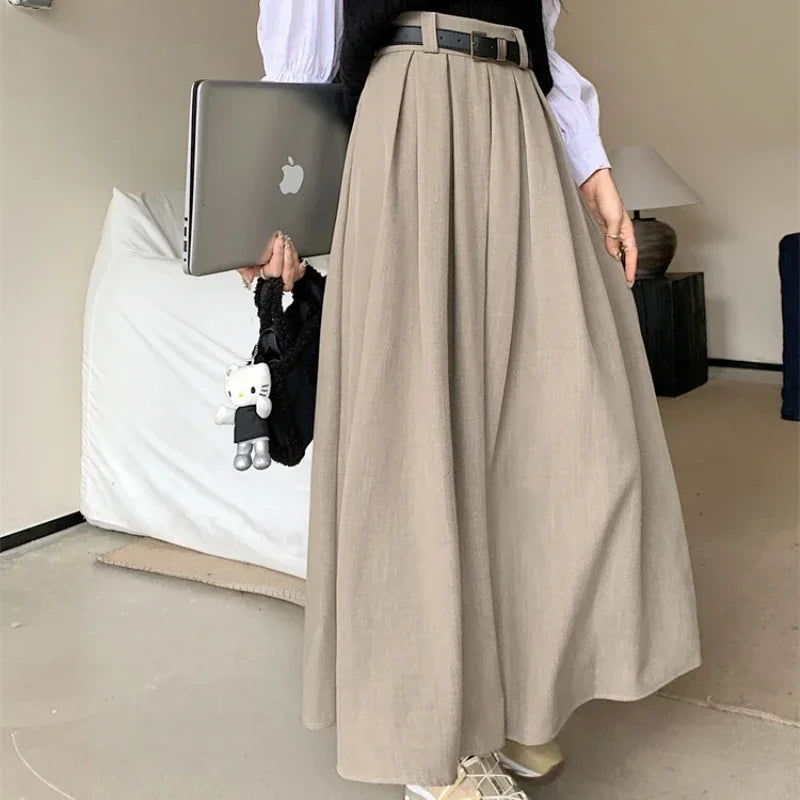 Women’s Pleated Long Skirt Bottom – Solid Color Mid-Length Large Swing Skirt Versatile Elegant Style