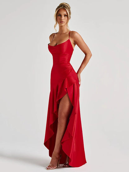 Women’s Satin Spaghetti Strap Maxi Dress – Elegant Split Backless Evening & Party Dress