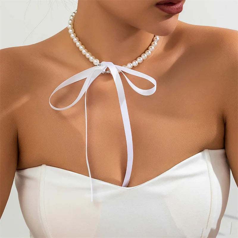 Women’s Jewelry Black Ribbon Pearl Choker Necklace | Elegant | Party | Vacation