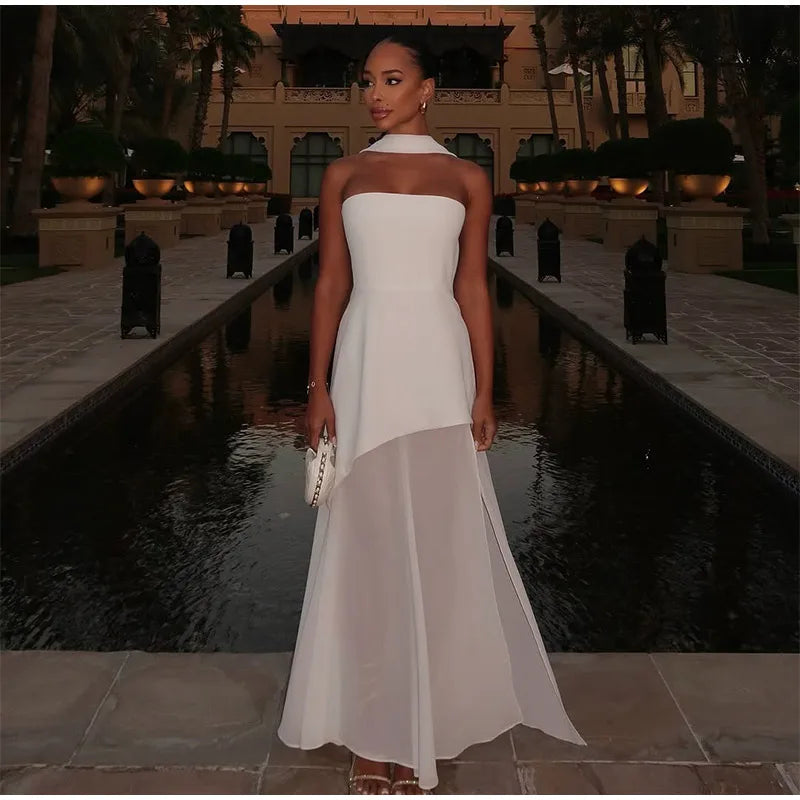 Women’s Lace Hollow Out Strapless Gown – Elegant Off Shoulder Backless Maxi Dress for Party & Evening Events