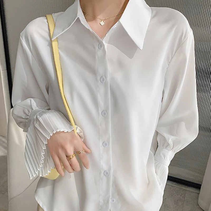 Women’s Flare Sleeve Button-Up Shirt Top – Elegant Office Blouse Fall Fashion