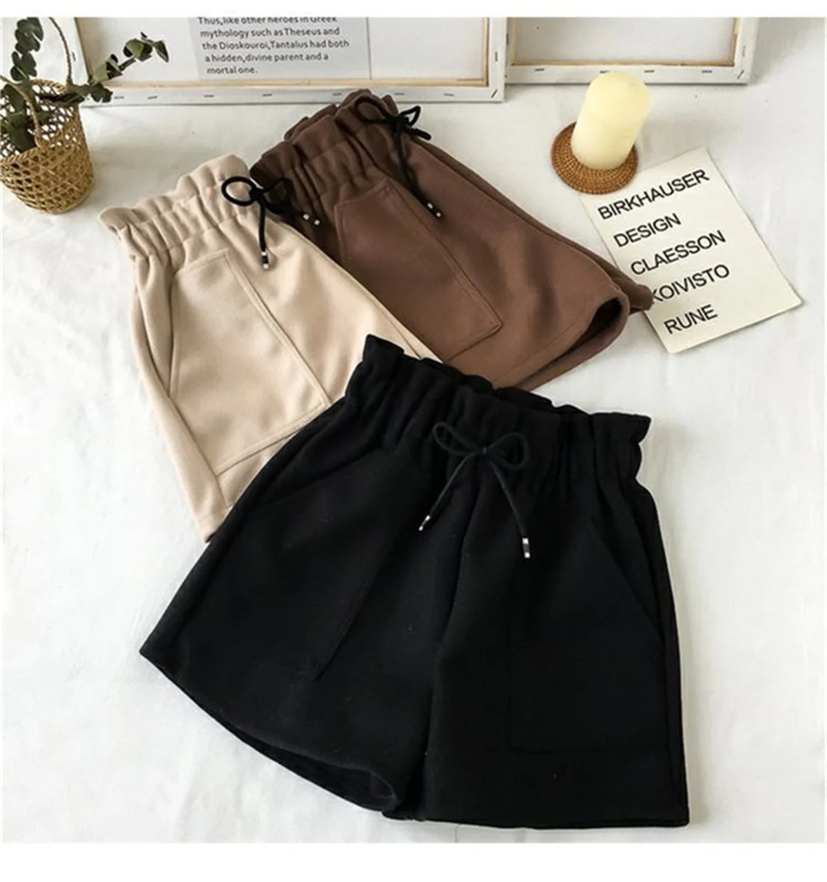 Women’s Woolen Shorts Bottom – High Waist Retro Elegant Solid Loose Fit Winter Streetwear