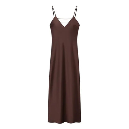 Women’s Yellow Satin V-Neck Maxi Dress – Elegant Sleeveless Loose Sling Party Dress