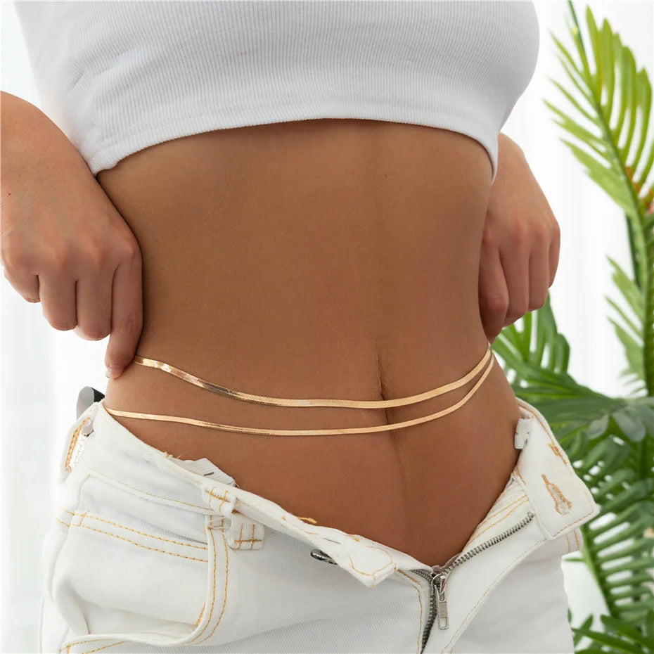 Women’s Flat Snake Chain Belly Waist Belt – Summer Beach Body Chain Jewelry Accessory