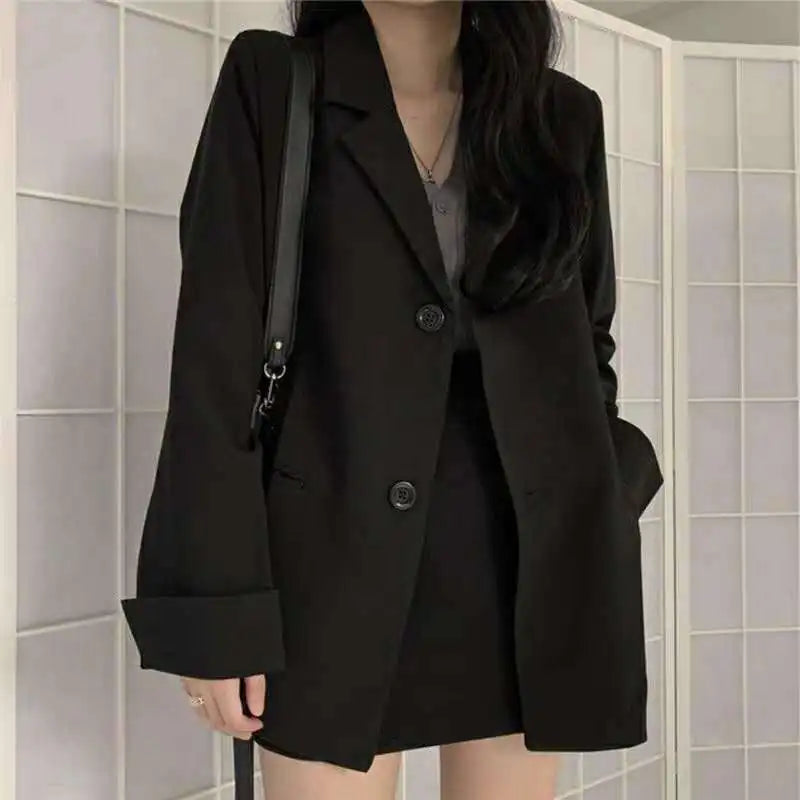 Women’s Solid Notched Long-Sleeve Blazer | Loose Elegant Office Lady Outerwear