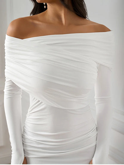 Women’s One Shoulder Asymmetric Elegant Maxi Dress – Long Sleeve Ruched Party Gown