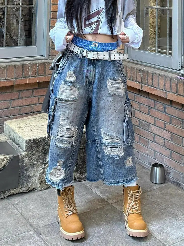 Women’s Vintage Denim Bermuda Bottom – Washed Baggy Jean Pants Slim Y2K Hot Girl Style with Distressed Holes