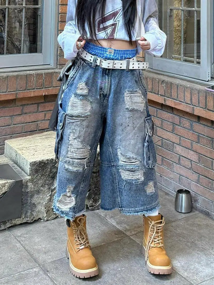 Women’s Vintage Denim Bermuda Bottom – Washed Baggy Jean Pants Slim Y2K Hot Girl Style with Distressed Holes
