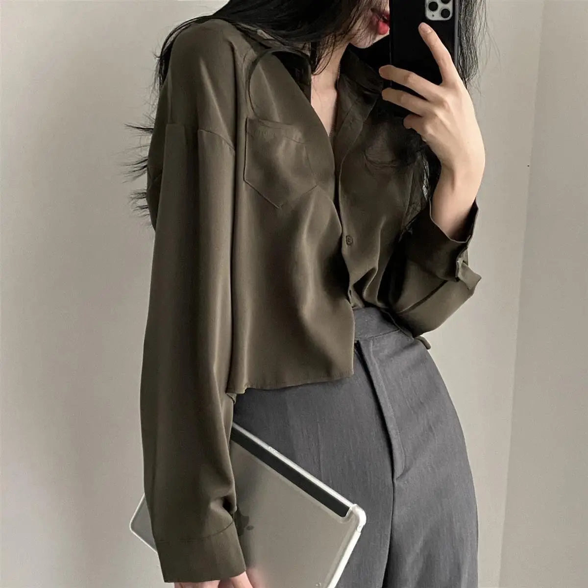 Women’s Long Sleeve Shirt & Blouse – Single Breasted OL Casual Solid Short Top | Elegant Fashion