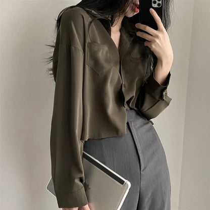 Women’s Long Sleeve Shirt & Blouse – Single Breasted OL Casual Solid Short Top | Elegant Fashion