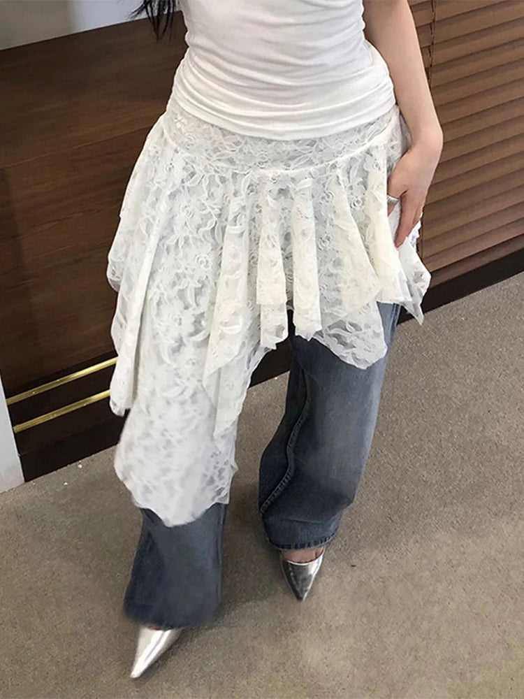 Women’s Asymmetrical Lace Skirt Pants Bottom – High Waist Layered Y2K Vintage Skirt