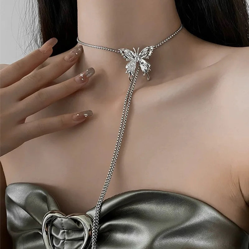 Women’s Jewelry Butterfly Pendant Necklace | Punk | Liquid Metal Look | Silver Tone