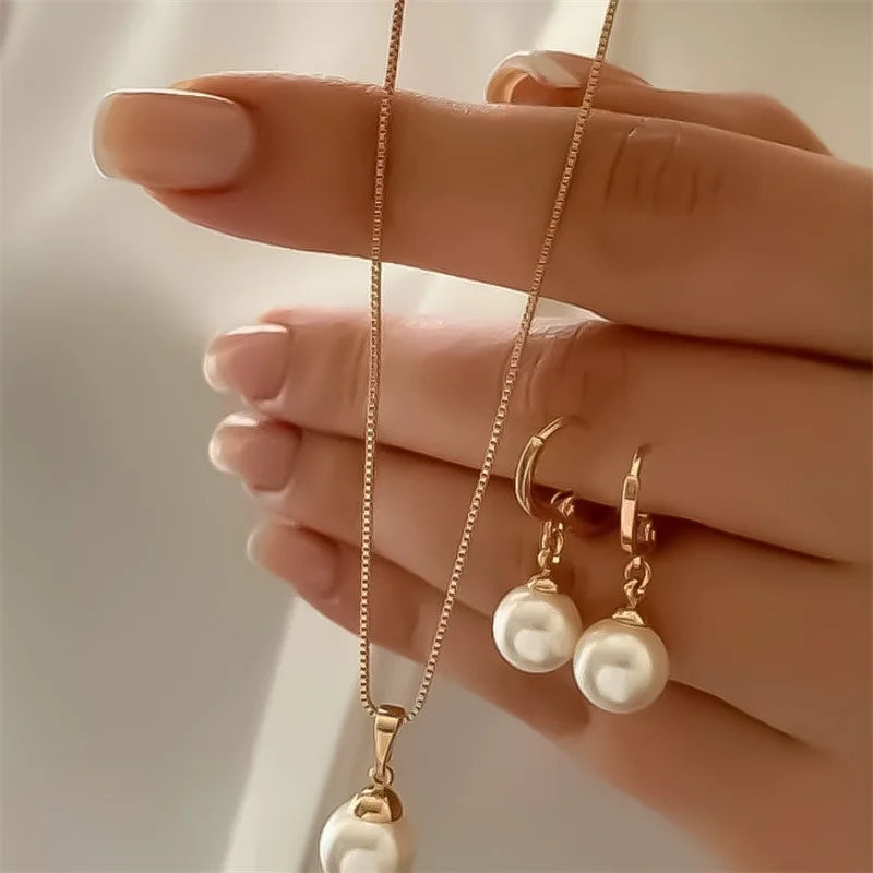 Women’s 3PCS Pearl Jewelry Set – Elegant Round Necklace & Earrings for Wedding or Gift