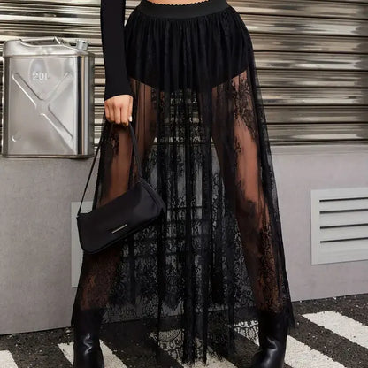 Women’s Elegant Lace Maxi Skirt Bottom – Sexy See-Through Black High Waist Party Skirt