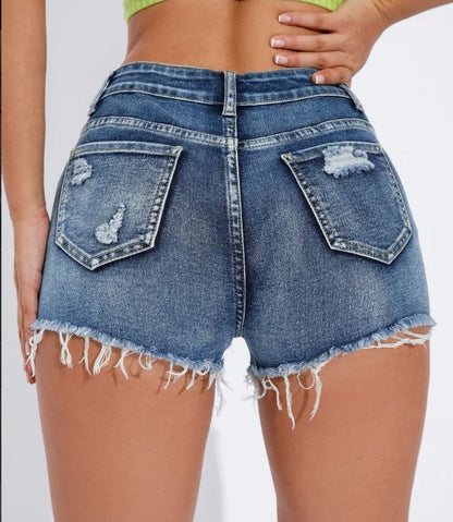 Women’s High Rise Light Blue Distressed Jean Shorts Bottom – Y2K Vintage Raw Edge Slim Fit