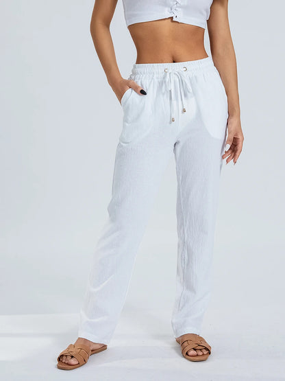 Women’s Loose Wide Leg Pants Bottom – Casual Solid Color Drawstring Trousers