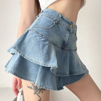 Women’s Vintage Denim Skirt Shorts Bottom – High Waist A-Line Ruffle Mini Jeans Skirt for Summer