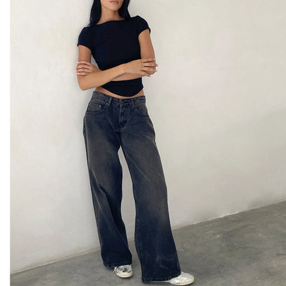 Women’s Jeans Bottom – Low Waist Straight Denim Pants with Pockets Casual Y2K Streetwear