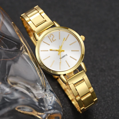 Women’s Elegant Steel Strap Watch & Love Bracelet Jewelry Set – 2PCS Collection