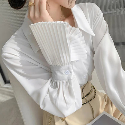 Women’s Flare Sleeve Button-Up Shirt Top – Elegant Office Blouse Fall Fashion