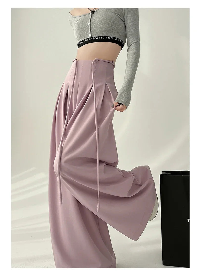 Women’s Streetwear Wide Leg Pants Bottom – Korean High Waist Lace-Up Suit Trousers, Elegant Black Summer Fashion